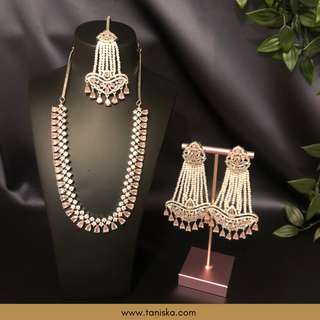 American Diamond Style Necklace Set - Silver/Baby Pink