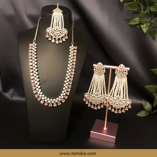 American Diamond Style Necklace Set - Silver/Baby Pink