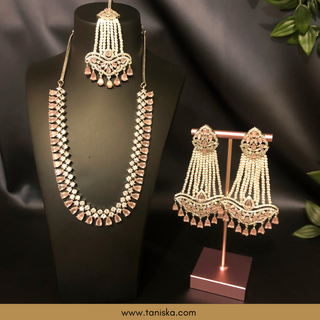 American Diamond Style Necklace Set - Silver/Baby Pink