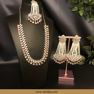 American Diamond Style Necklace Set - Silver/Baby Pink