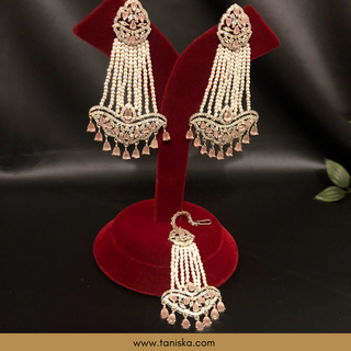 American Diamond Style Earring & Tikka Set - Baby Pink
