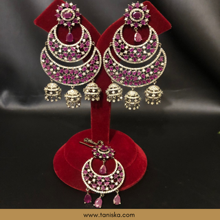 American Diamond Style, Cubic Zirconia Statement Earring & Tikka Set - Gun Metal / Hot Pink