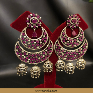 American Diamond Style, Cubic Zirconia Statement Earring & Tikka Set - Gun Metal / Hot Pink