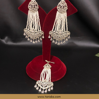 American Diamond Style Earring & Tikka Set - Silver