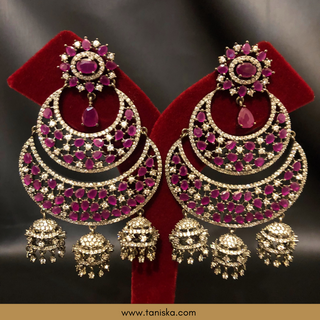 American Diamond Style, Cubic Zirconia Statement Earring & Tikka Set - Gun Metal / Hot Pink