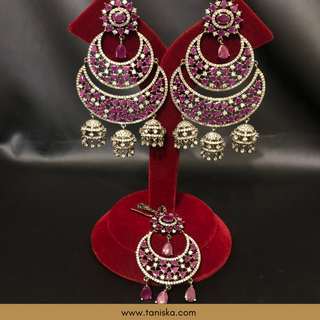 American Diamond Style, Cubic Zirconia Statement Earring & Tikka Set - Gun Metal / Hot Pink