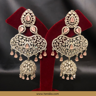 American Diamond Style, Cubic Zirconia Statement Earring & Tikka Set - Silver Plated / Baby Pink