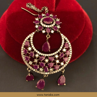 American Diamond Style, Cubic Zirconia Statement Earring & Tikka Set - Gun Metal / Hot Pink