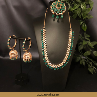 American Diamond Style Necklace Set - Rose Gold/Emerald Green