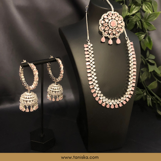 American Diamond Style Necklace Set - Silver/Baby Pink