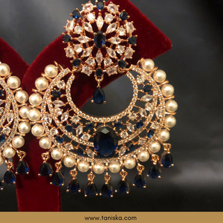American Diamond Style Earring & Tikka Set - Royal Blue/Rose Gold (Limited Edition)