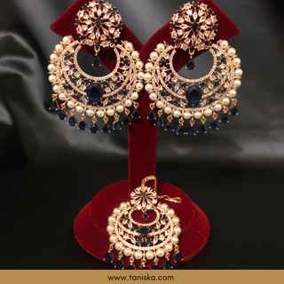 American Diamond Style Earring & Tikka Set - Royal Blue/Rose Gold (Limited Edition)