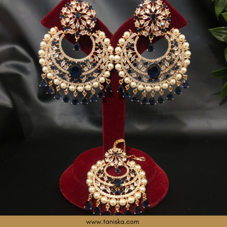 American Diamond Style Earring & Tikka Set - Royal Blue/Rose Gold (Limited Edition)