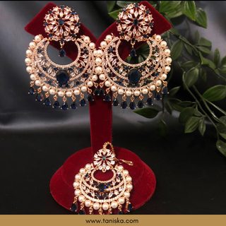 American Diamond Style Earring & Tikka Set - Royal Blue/Rose Gold (Limited Edition)