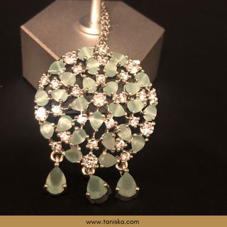 American Diamond Style Earring & Tikka Set - Mint / Silver