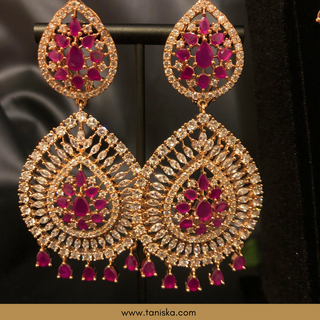 American Diamond Style, Cubic Zirconia Long Necklace Set - Rose Gold / Hot Pink