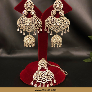 American Diamond Style, Cubic Zirconia Statement Earring & Tikka Set - Silver Plated - Silver