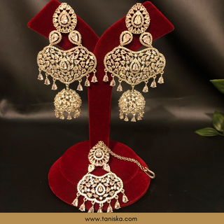American Diamond Style, Cubic Zirconia Statement Earring & Tikka Set - Silver Plated - Silver