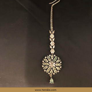 American Diamond Style Earring & Tikka Set - Silver/Mint