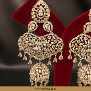 American Diamond Style, Cubic Zirconia Statement Earring & Tikka Set - Silver Plated - Silver
