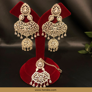 American Diamond Style, Cubic Zirconia Statement Earring & Tikka Set - Silver Plated - Silver