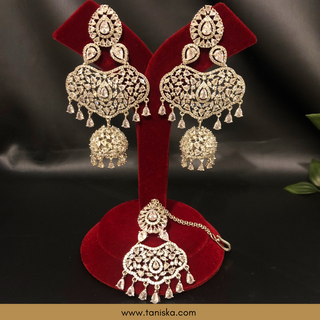 American Diamond Style, Cubic Zirconia Statement Earring & Tikka Set - Silver Plated - Silver