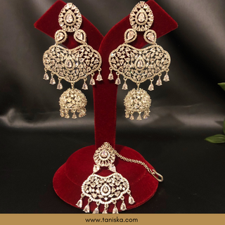 American Diamond Style, Cubic Zirconia Statement Earring & Tikka Set - Silver Plated - Silver