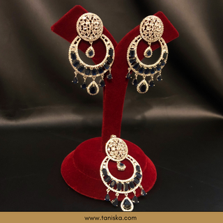 American Diamond Style Earring & Tikka Set - Navy / Silver
