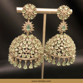 American Diamond Style Earring & Tikka Set - Silver/Mint