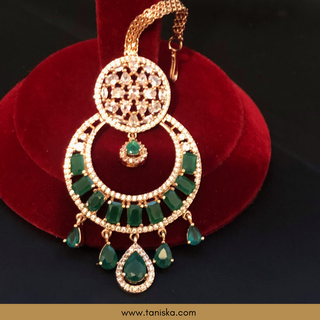American Diamond Style Earrings & Tikka Set - Emerald Green / Rose Gold