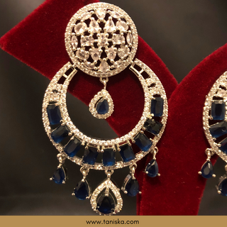 American Diamond Style Earring & Tikka Set - Navy / Silver
