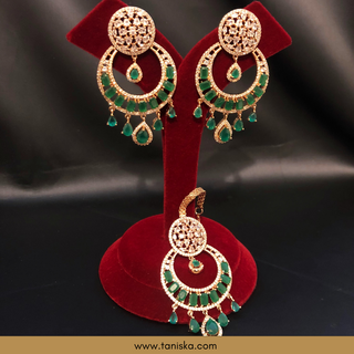 American Diamond Style Earrings & Tikka Set - Emerald Green / Rose Gold