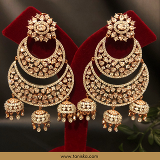 American Diamond Style, Cubic Zirconia Statement Earrings - Triple Jhumki Rose Gold Plated