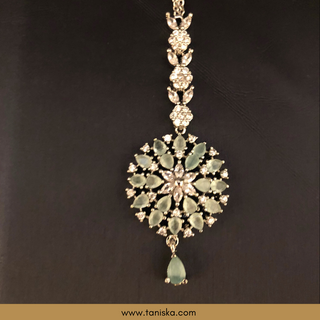American Diamond Style Earring & Tikka Set - Silver/Mint