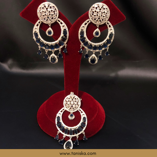 American Diamond Style Earring & Tikka Set - Navy / Silver