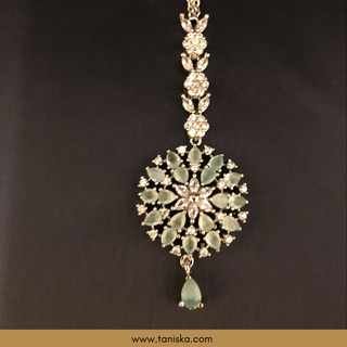 American Diamond Style Earring & Tikka Set - Silver/Mint