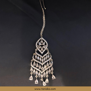 American Diamond Style Earring & Tikka Set - Silver