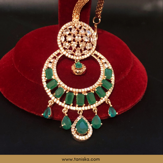 American Diamond Style Earrings & Tikka Set - Emerald Green / Rose Gold