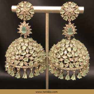 American Diamond Style Earring & Tikka Set - Silver/Mint