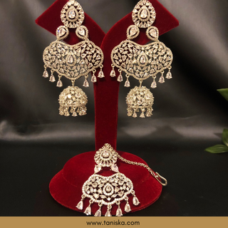 American Diamond Style, Cubic Zirconia Statement Earring & Tikka Set - Silver Plated - Silver