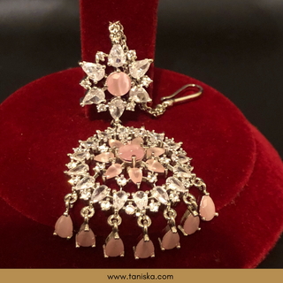 American Diamond Style, Cubic Zirconia Statement Earring & Tikka Set - Silver/Baby Pink