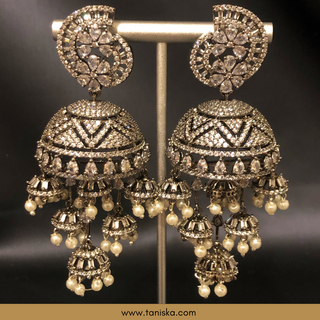 American Diamond Style, Cubic Zirconia Statement Earring & Tikka Set - Gun Metal Silver Plated