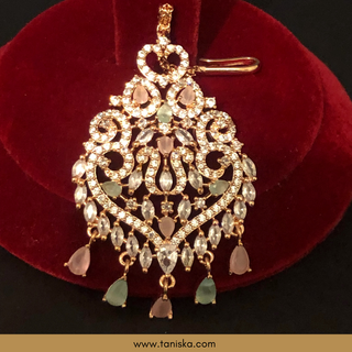 American Diamond Style, Cubic Zirconia Statement Earring & Tikka Set - Rose Gold/Pink-Mint