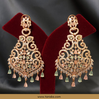 American Diamond Style, Cubic Zirconia Statement Earring & Tikka Set - Rose Gold/Pink-Mint