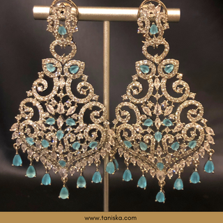 American Diamond Style, Cubic Zirconia Statement Earring & Tikka Set - Silver/Sky Blue