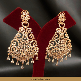 American Diamond Style, Cubic Zirconia Statement Earring & Tikka Set - Rose Gold