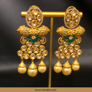 Noor Golden Kundan Earrings with Emerald Green