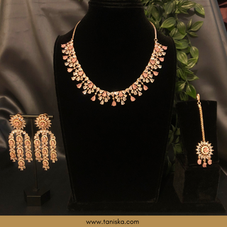 American Diamond Style Necklace Set - Rose Gold / Baby Pink