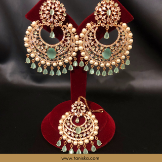 American Diamond Style Earring & Tikka Set - Mint/Rose Gold (Limited Edition)