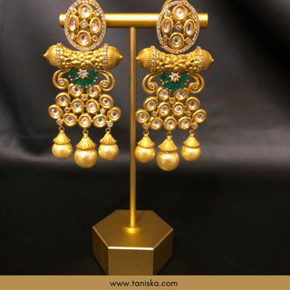 Noor Golden Kundan Earrings with Emerald Green
